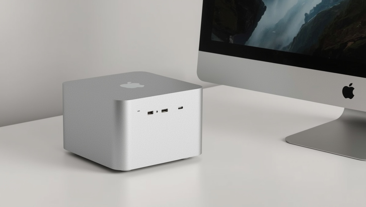 Mac mini M4 auf weißem Schreibtisch neben Monitor
